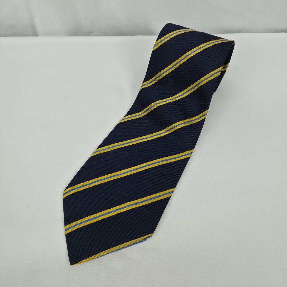 Lands End 100% Silk Neck Tie Navy Gold Blue Repp Stripe USA Classic 3.25 Office